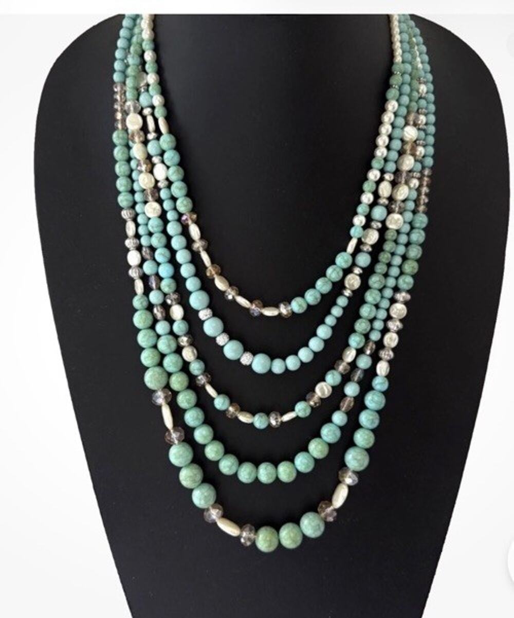 Shyanne Necklace Multi Strand Faux Turquiose & Pearl Boho Southwestern 20-23”